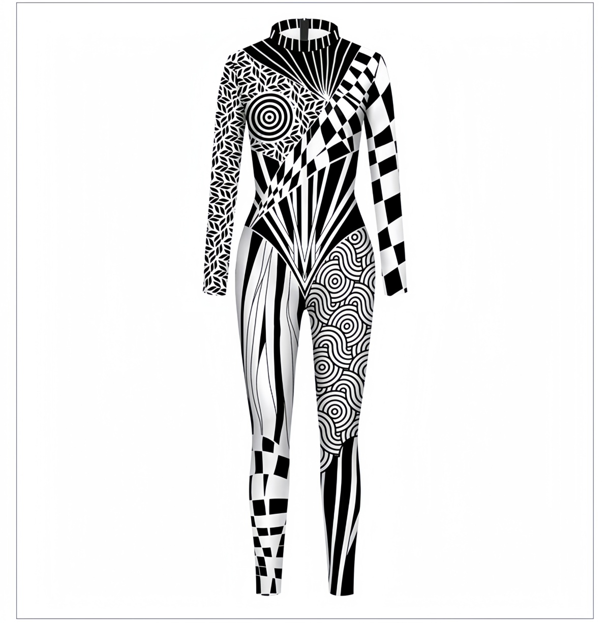 Women Long Sleeve Skinny Jumpsuit - Abstract Geometric Full Print Bodysuit